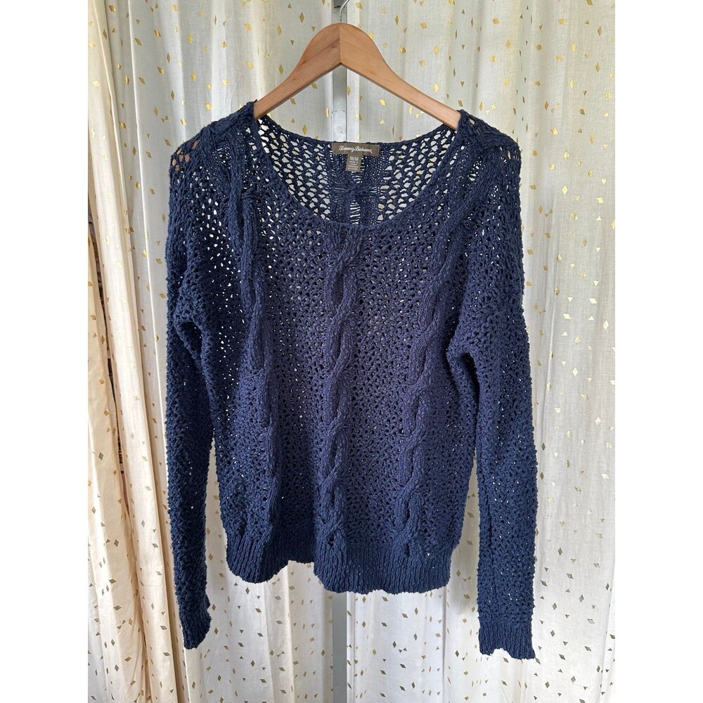 Tommy Bahama Women's 100% Cotton Navy Loose Cable Knit Pull Over Sweater M - Picture 2 of 6